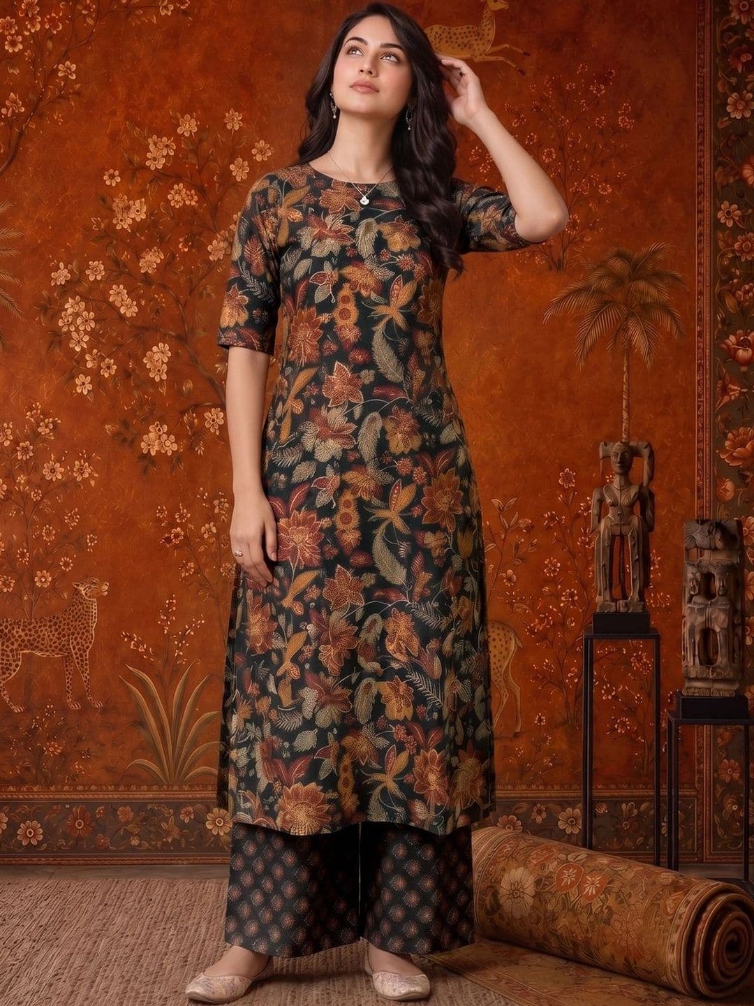 Sangria Women Floral Printed Regular Kurta with Palazzos thumbnail 4