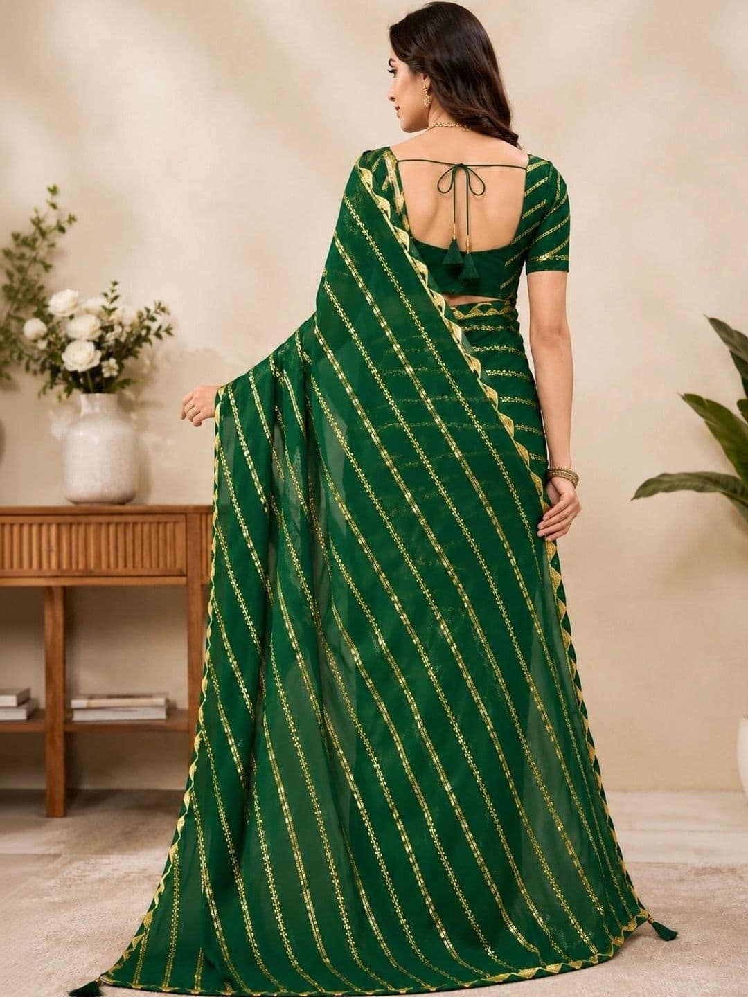 RENBRIZA Striped Zari Poly Georgette Leheriya Saree thumbnail 3