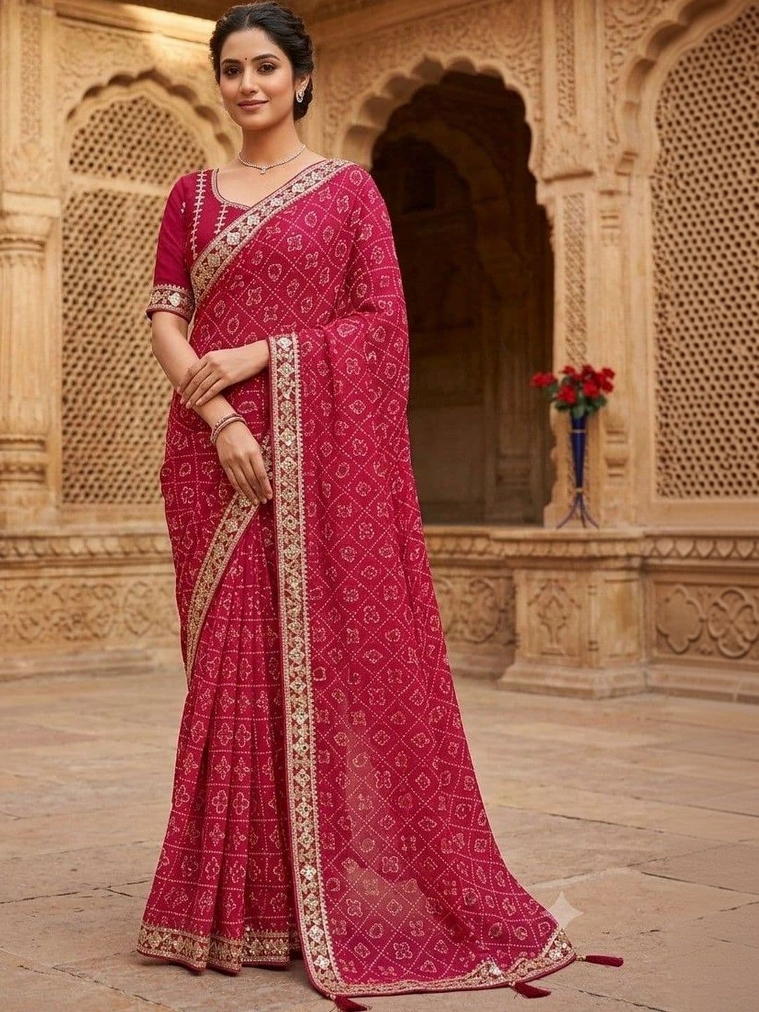 SmileyFashion Bandhani Embroidered Art Silk Designer Bandhani Saree thumbnail 3