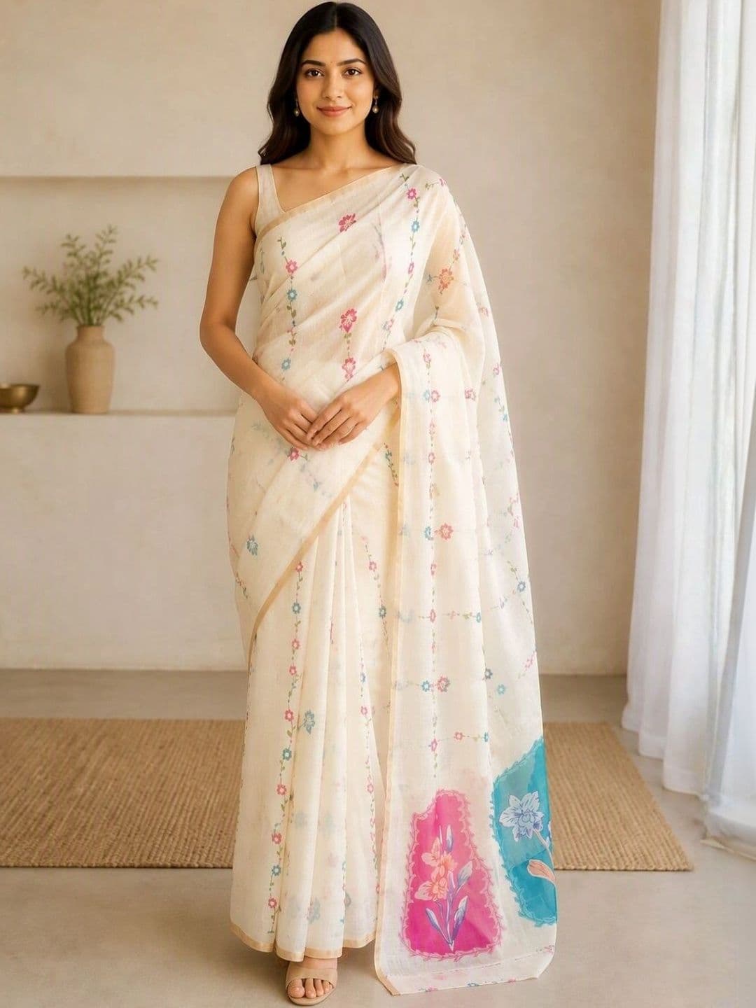 Saatika Cotton Linen Floral Printed Saree with Unstitched Blouse thumbnail 3