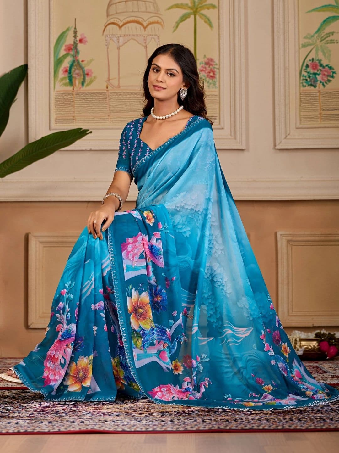 K 5 Fashion Ethnic Motifs Embroidered Pure Georgette Fusion Ikat Saree thumbnail 5