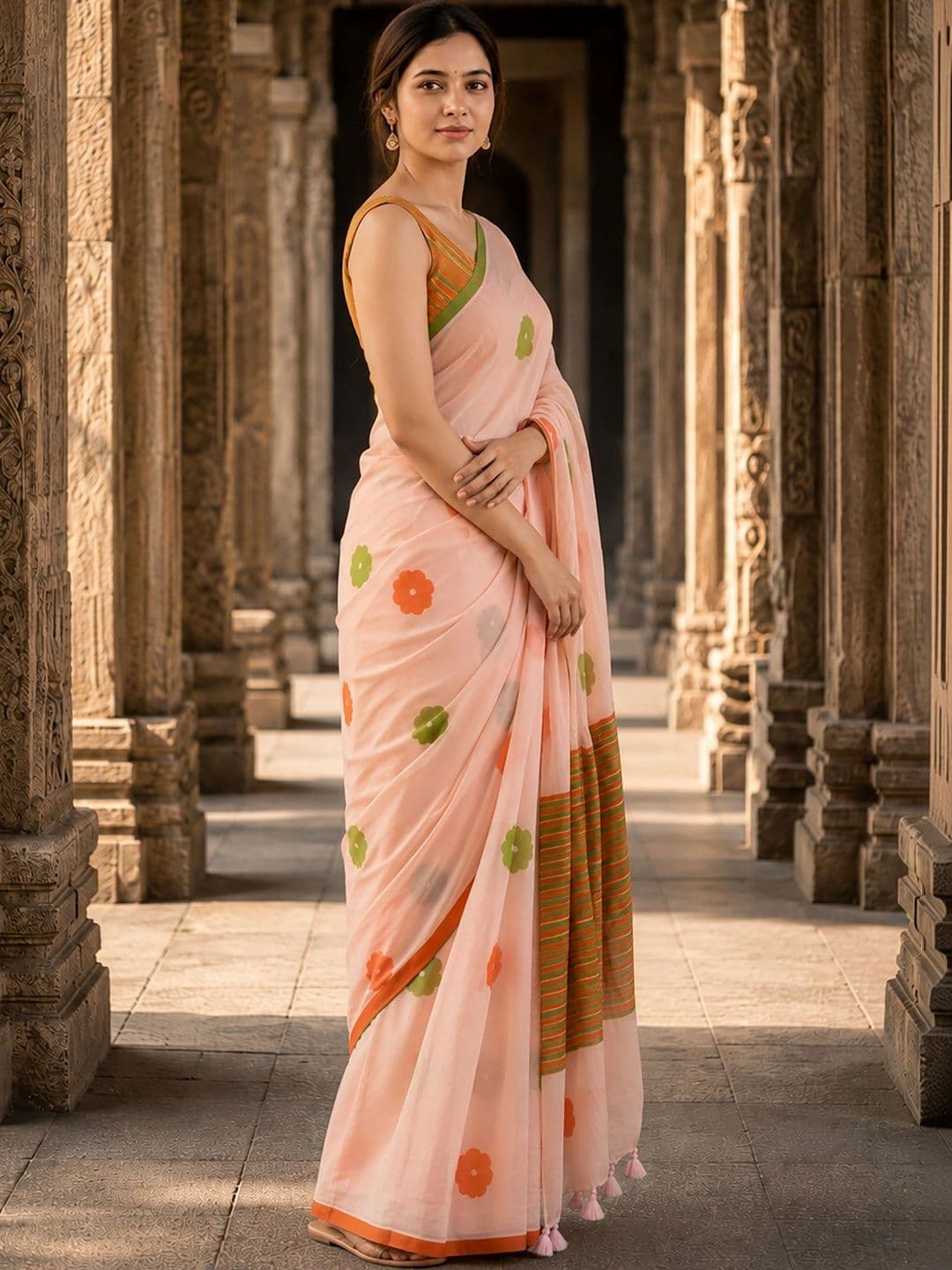 Mitera Floral Linen Blend Designer Block Print Saree thumbnail 4