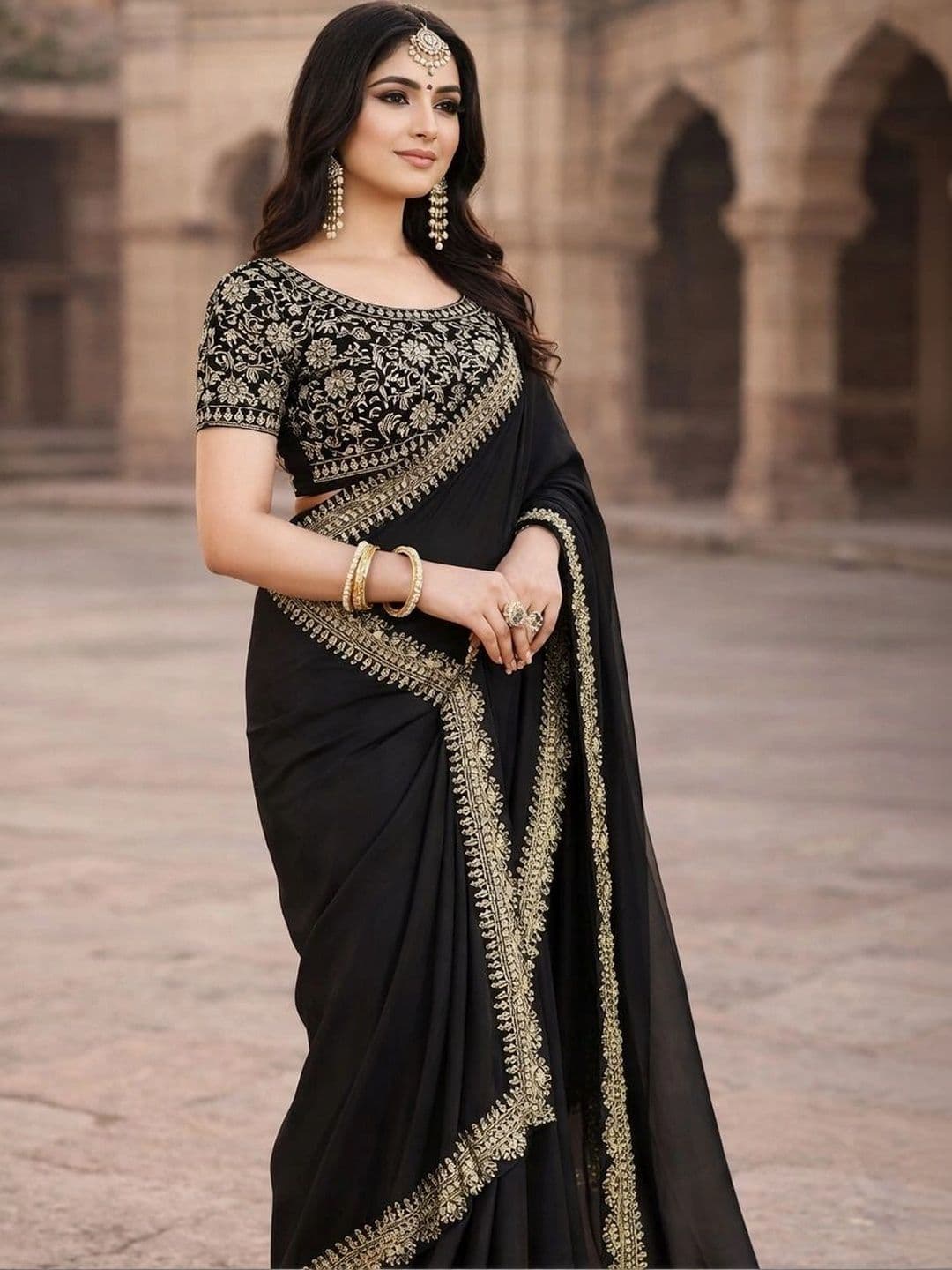 KALINI Floral Embroidered Silk Blend Heavy Work Saree thumbnail 5
