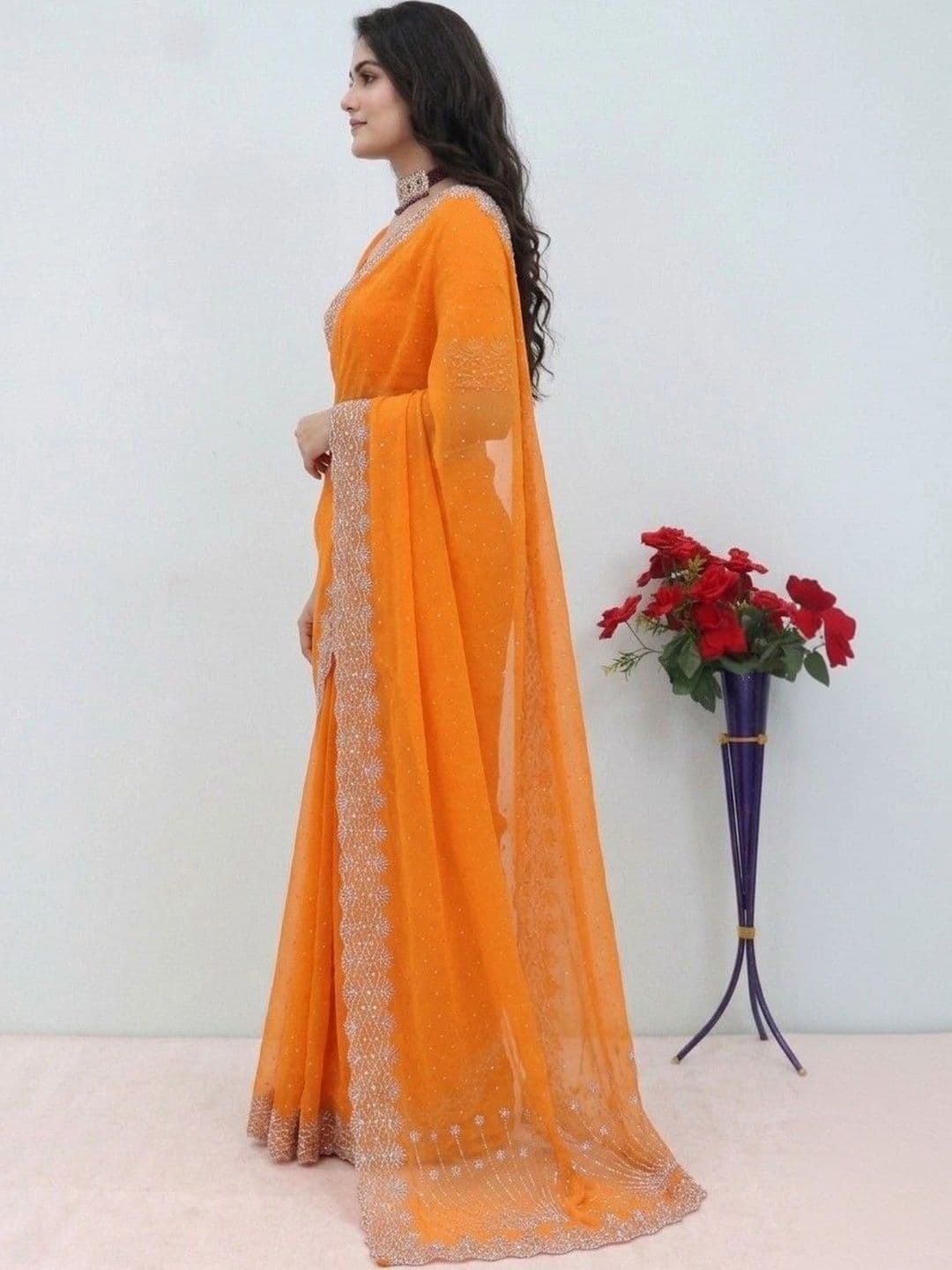SmileyFashion Embellished Embroidered Pure Georgette Designer Saree thumbnail 4