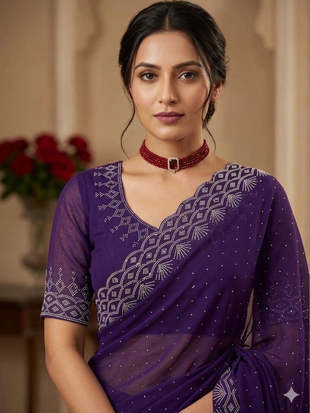 SmileyFashion Embellished Embroidered Pure Georgette Designer Saree thumbnail 4