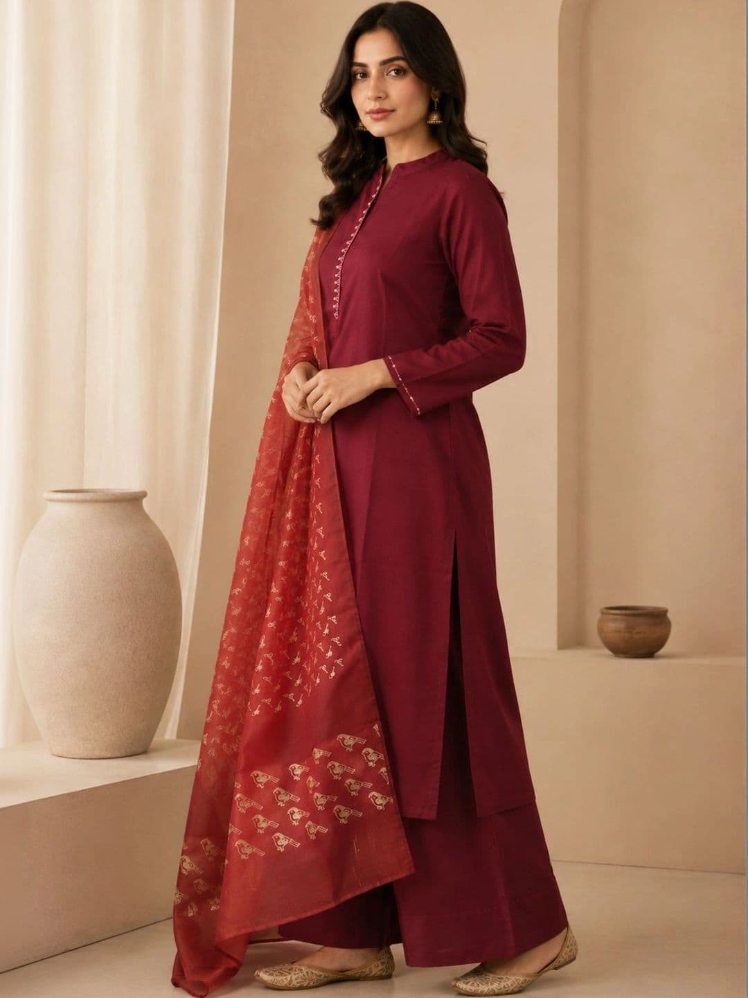 JAIPUR KURTI LUXE Women Ethnic Motifs Regular Thread Work Kurta & Palazzos  With Dupatta thumbnail 2