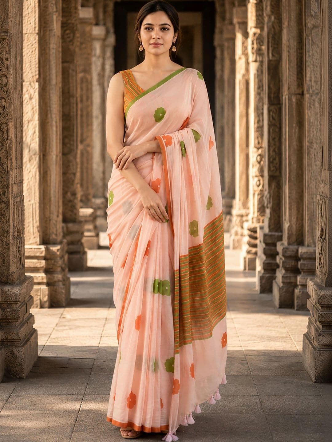 Mitera Floral Linen Blend Designer Block Print Saree - view 1