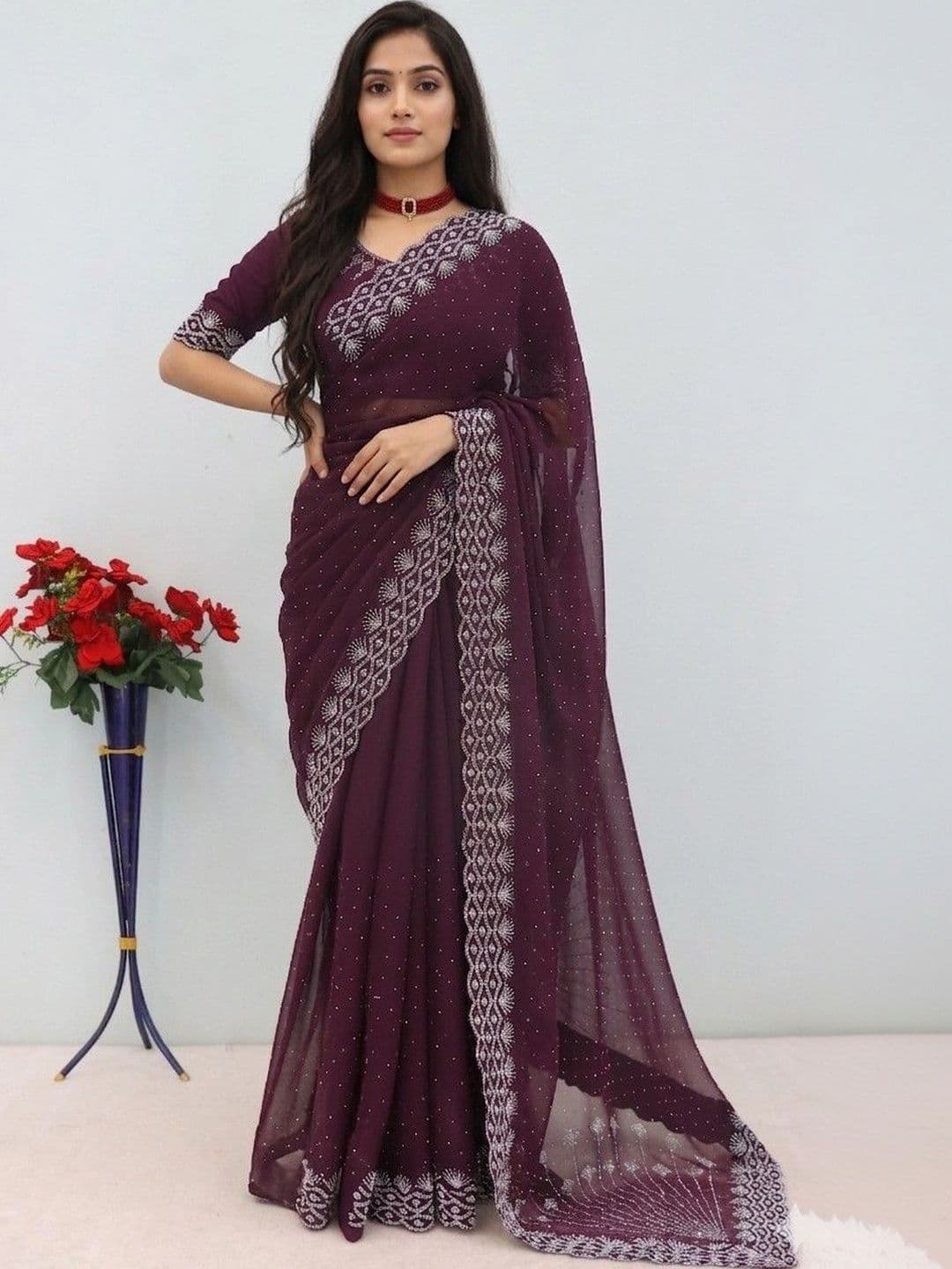SmileyFashion Embellished Embroidered Pure Georgette Designer Saree - view 1