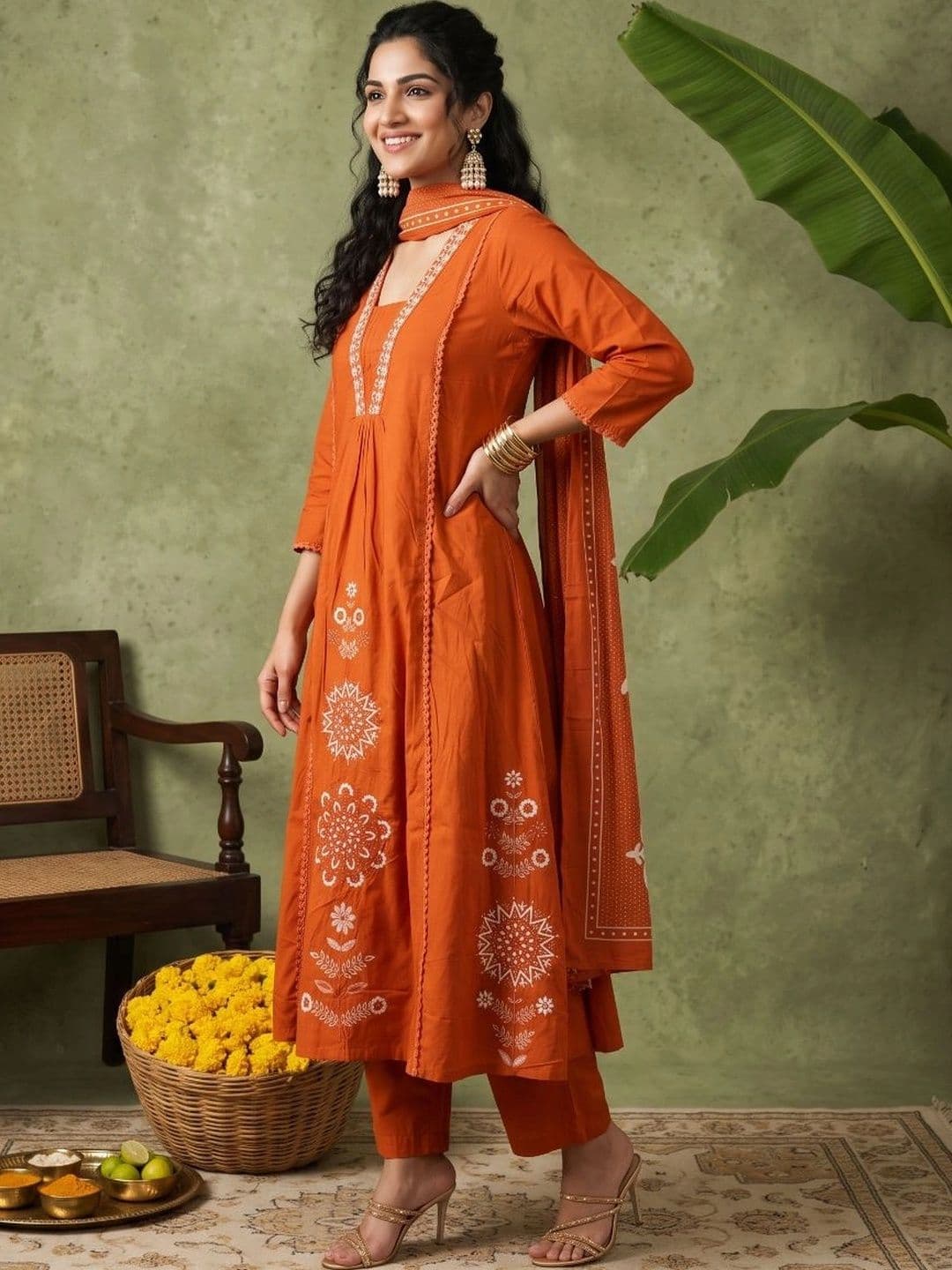 Anouk Women Ethnic Motifs Printed Empire Pure Cotton Kurta with Trousers & With Dupatta thumbnail 4