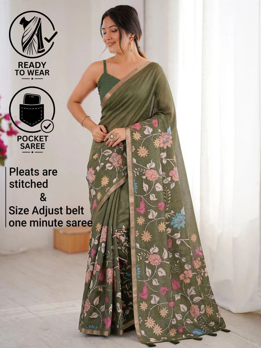 SAMANTHA Floral Zari Linen Blend Fusion Khadi Saree thumbnail 3