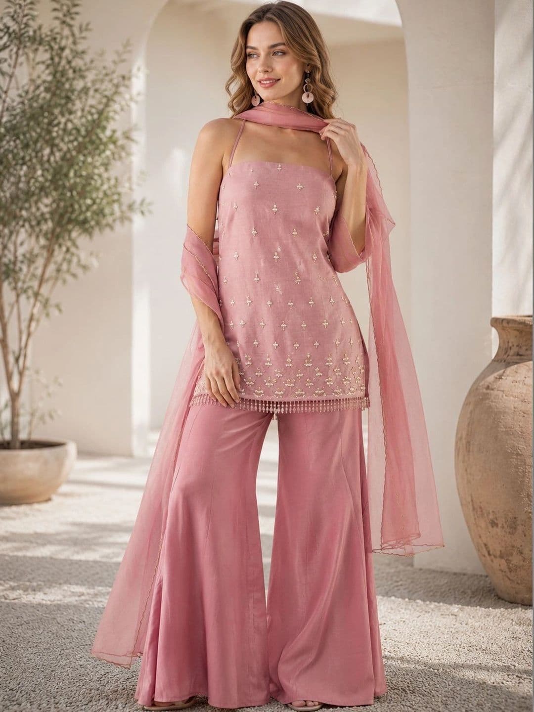 KALINI Women Ethnic Motifs Embroidered Straight Kurta with Sharara & Dupatta - view 1