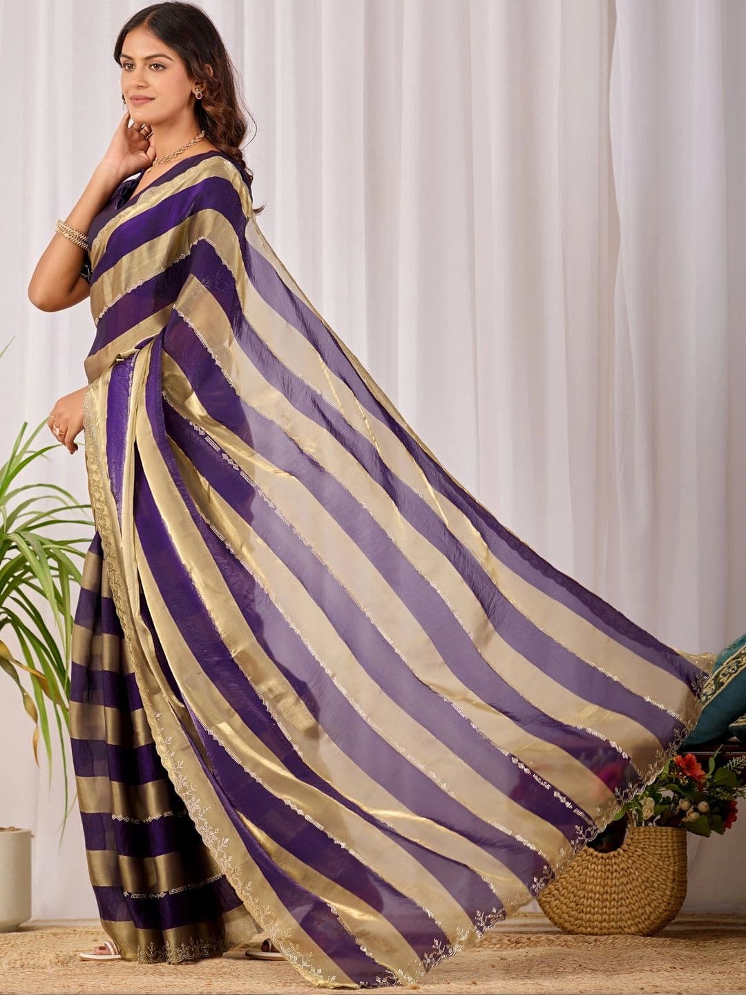 K 5 Fashion Striped Zari Satin Fusion Ikat Saree thumbnail 6