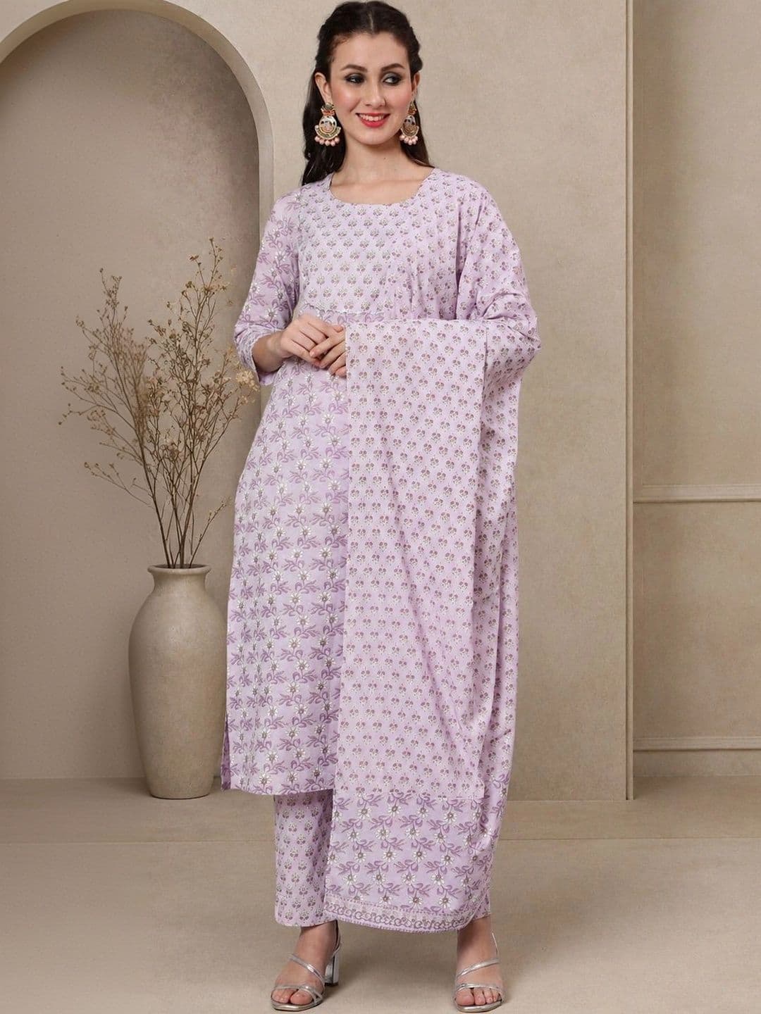WOMENCLICK Women Ethnic Motifs Printed Regular Pure Cotton Kurta with Trousers & With Dupatta thumbnail 3
