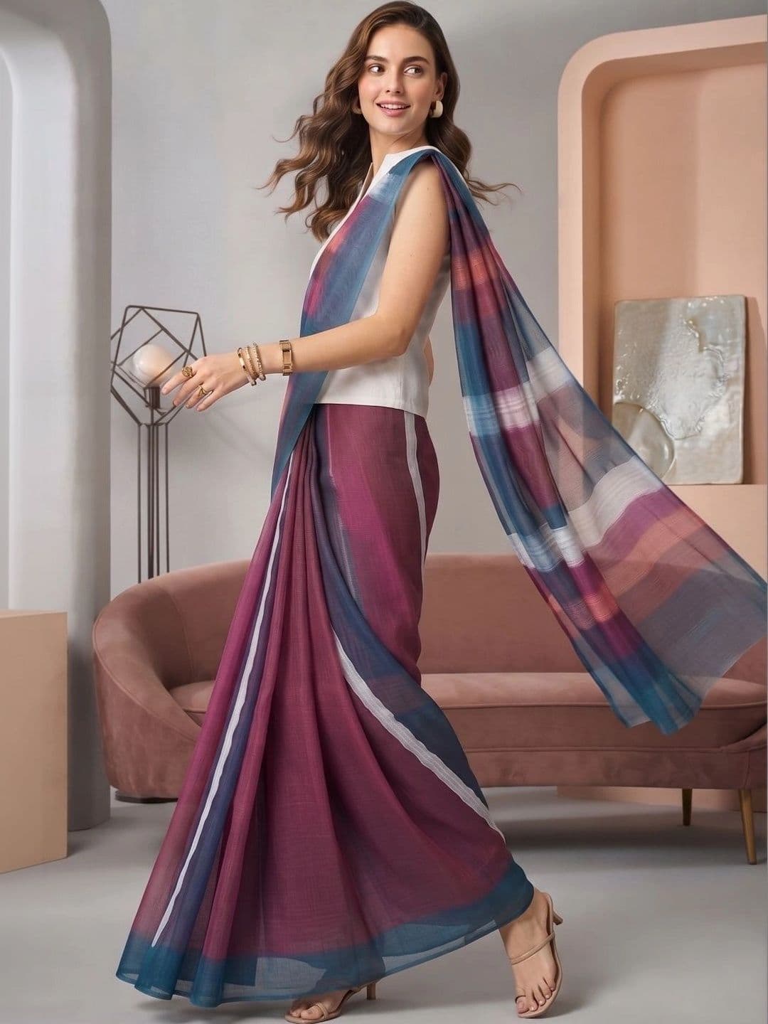 BORAD FASHION Striped Designer Chanderi Saree thumbnail 3