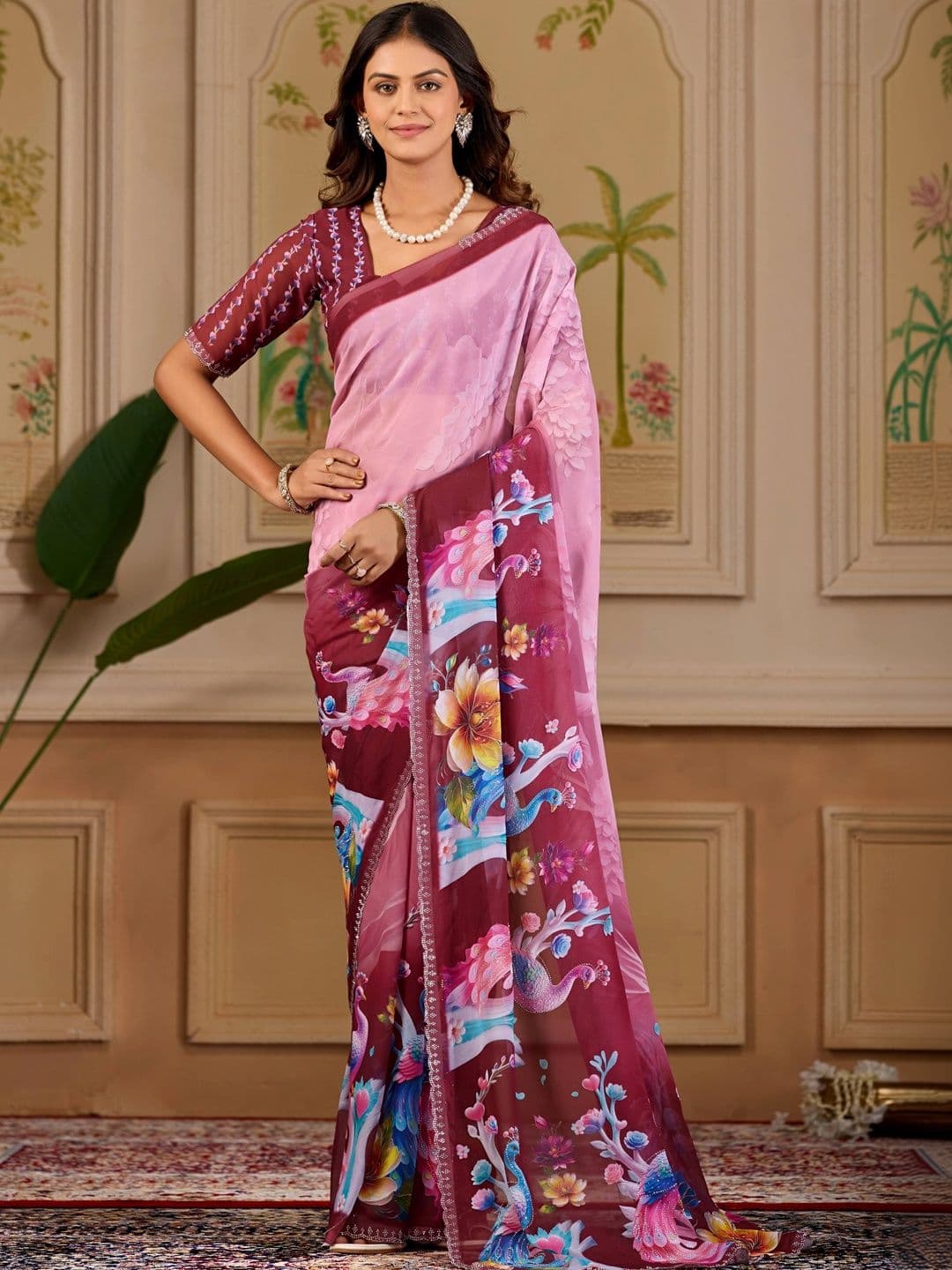 K 5 Fashion Ethnic Motifs Embroidered Pure Georgette Fusion Ikat Saree - view 1