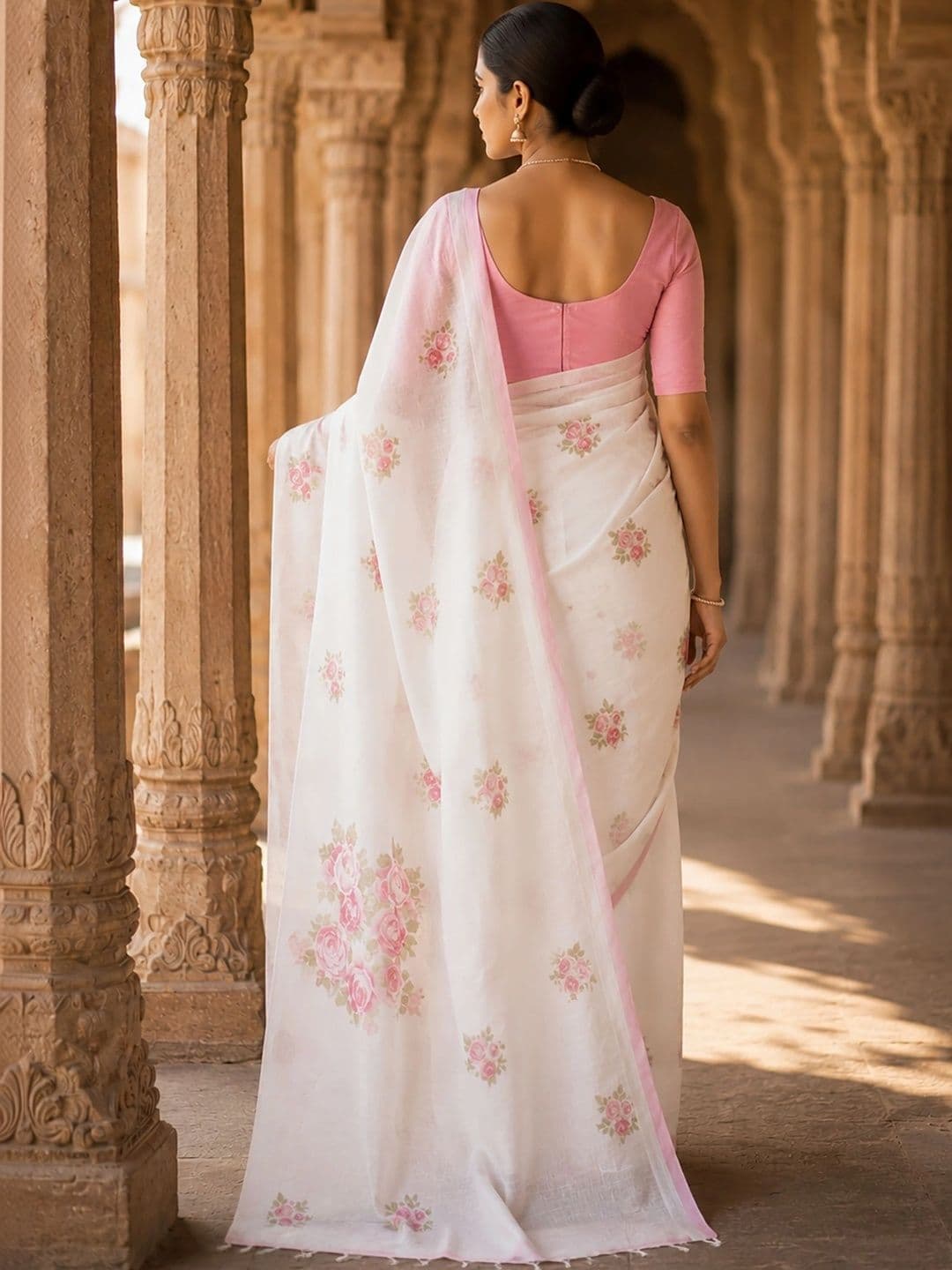 Mitera Floral Linen Blend Designer Block Print Saree thumbnail 2