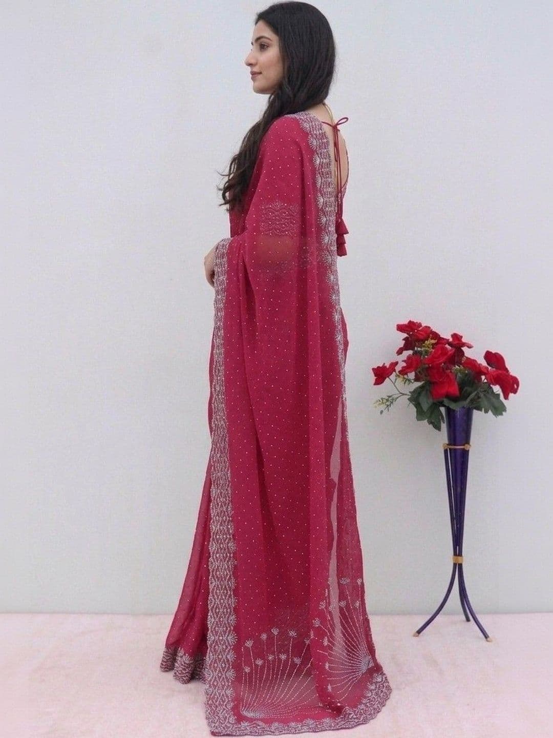 SmileyFashion Embellished Pure Georgette Designer Saree thumbnail 3