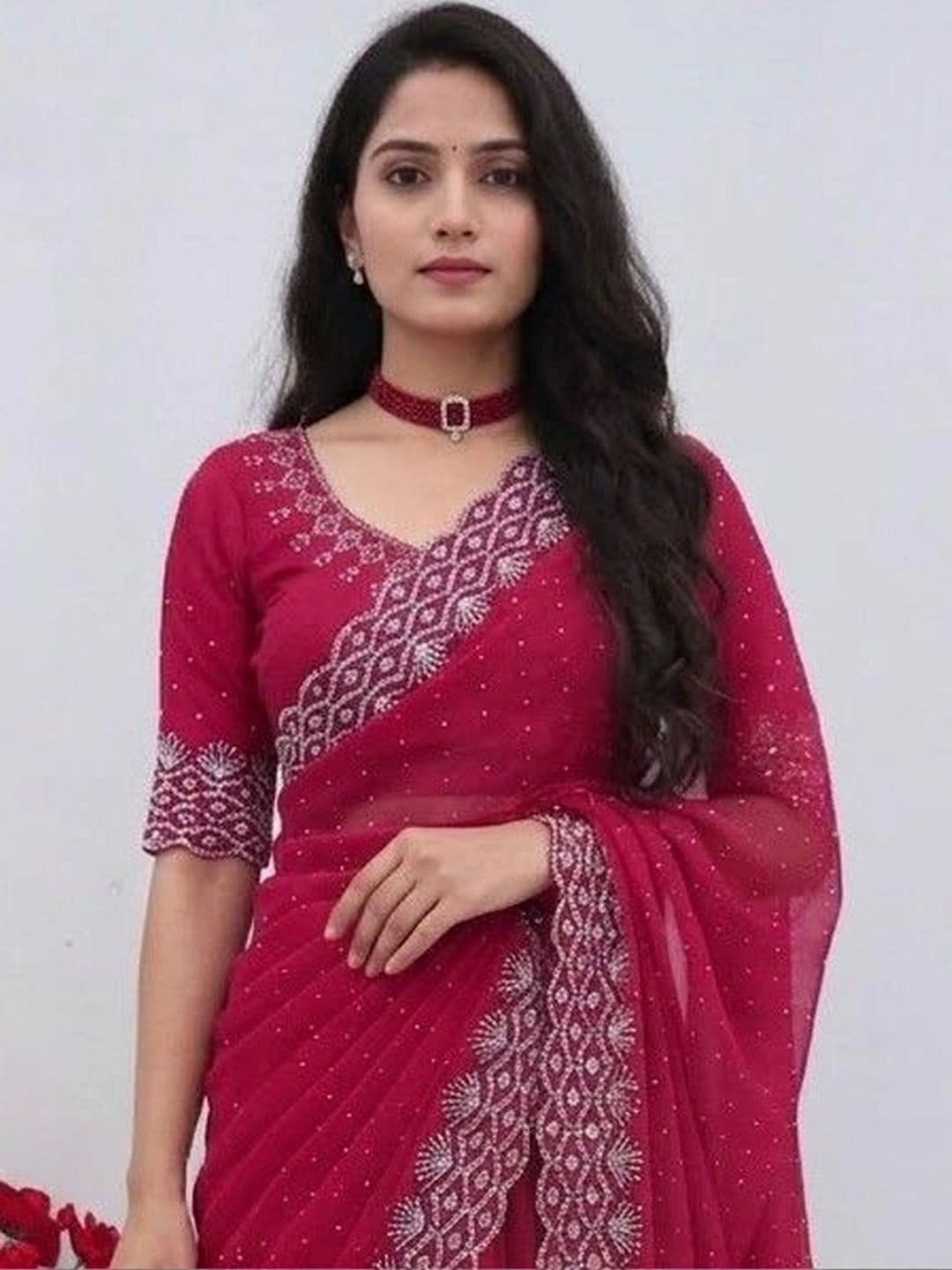 SmileyFashion Embellished Pure Georgette Designer Saree thumbnail 2