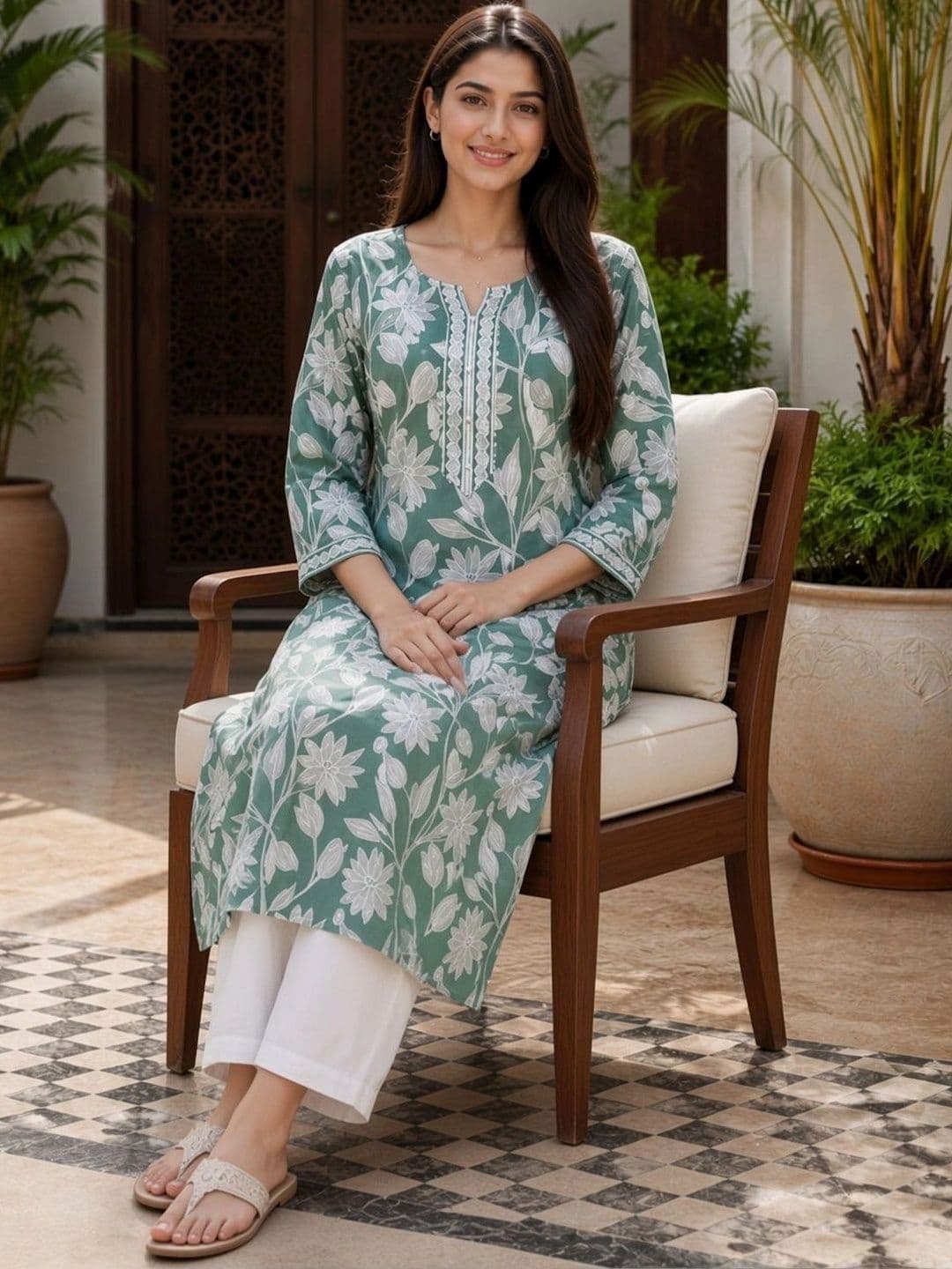 Merira Floral Printed V-Neck Pure Cotton Blend Kurti thumbnail 6