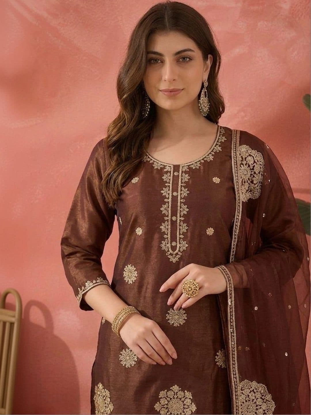 Sangria Women Ethnic Motifs Embroidered Regular Thread Work Pure Silk Kurta with Trousers & With Dupatta thumbnail 3