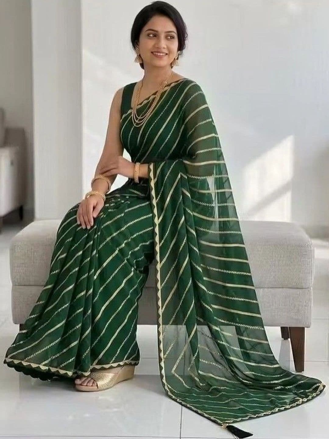 RENBRIZA Striped Zari Poly Georgette Leheriya Saree thumbnail 3
