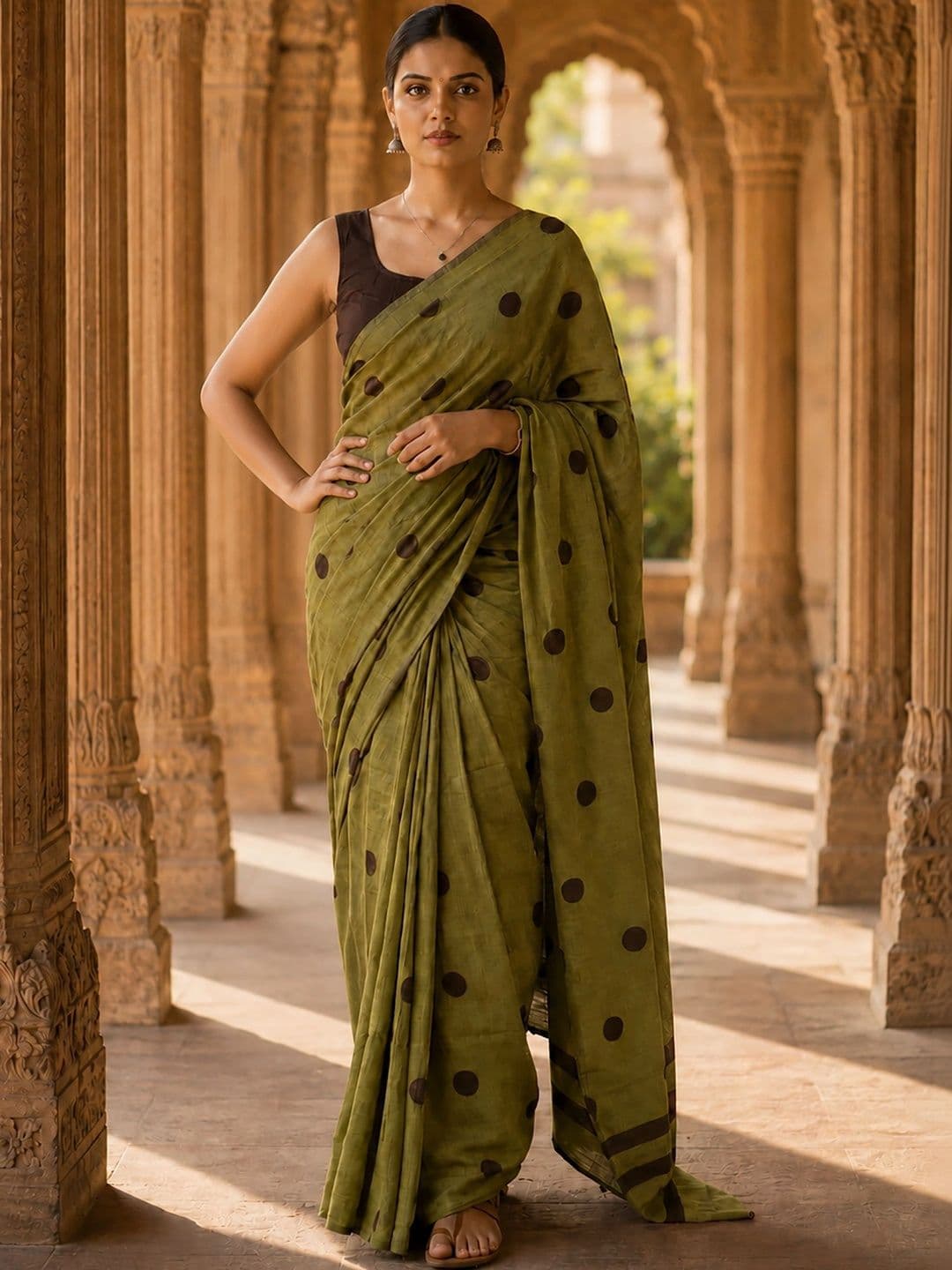 Mitera  Women Linen Blend Designer Block Print Saree thumbnail 3