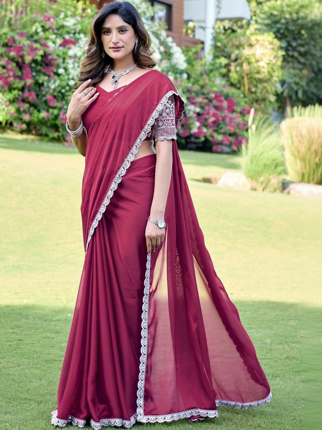 K 5 Fashion Ethnic Motifs Embroidered Pure Georgette Fusion Ikat Saree thumbnail 2