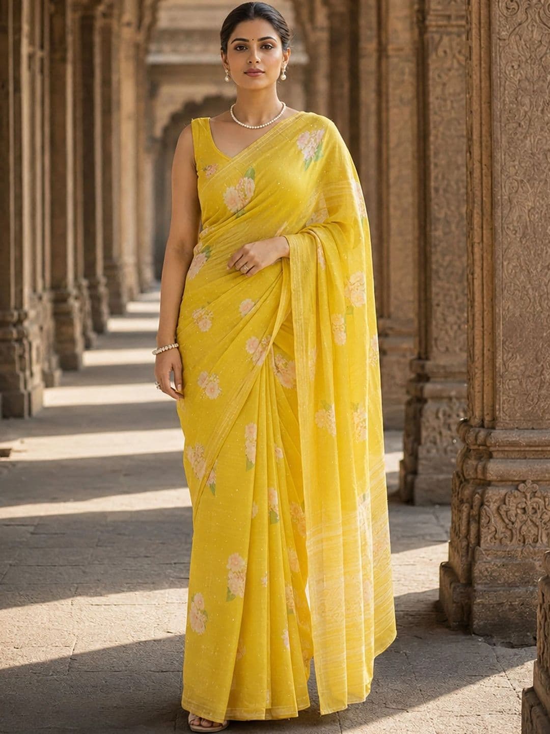 Mitera Floral Linen Blend Designer Block Print Saree - view 1