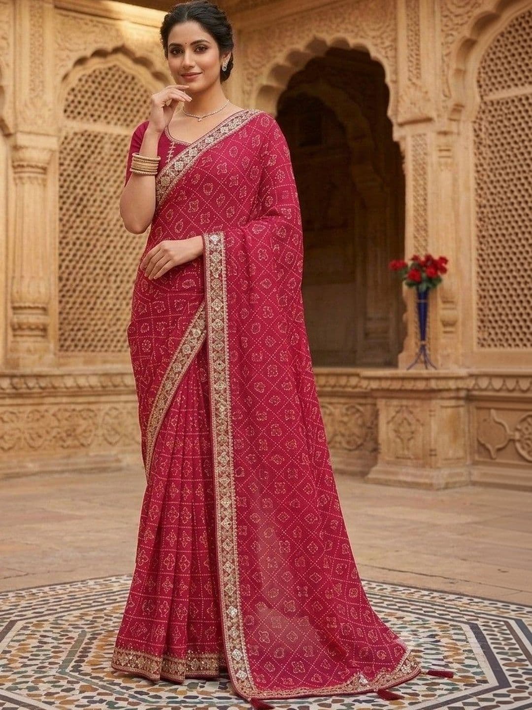 SmileyFashion Bandhani Embroidered Art Silk Designer Bandhani Saree thumbnail 3