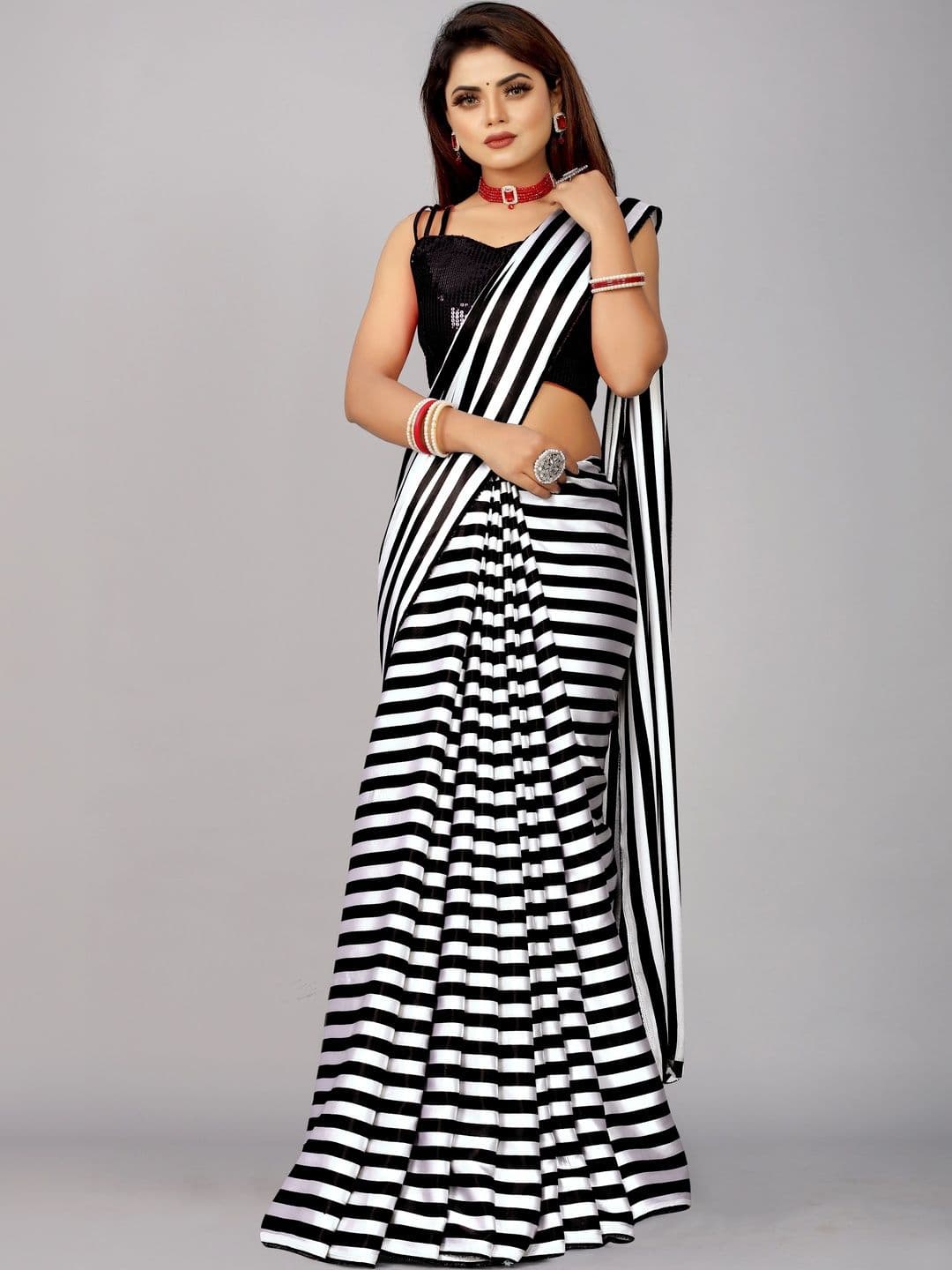 KALINI Striped Silk Blend Heavy Work Saree - view 1