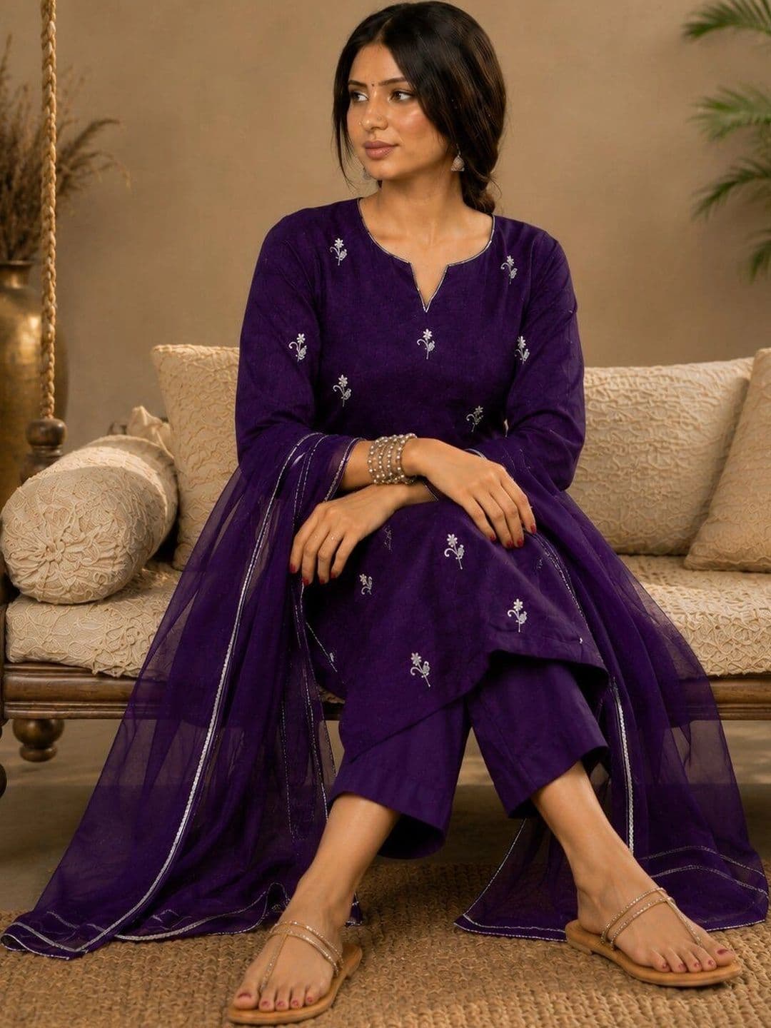 SZN Women Ethnic Motifs Embroidered Regular Thread Work Kurta with Trousers & With Dupatta thumbnail 4