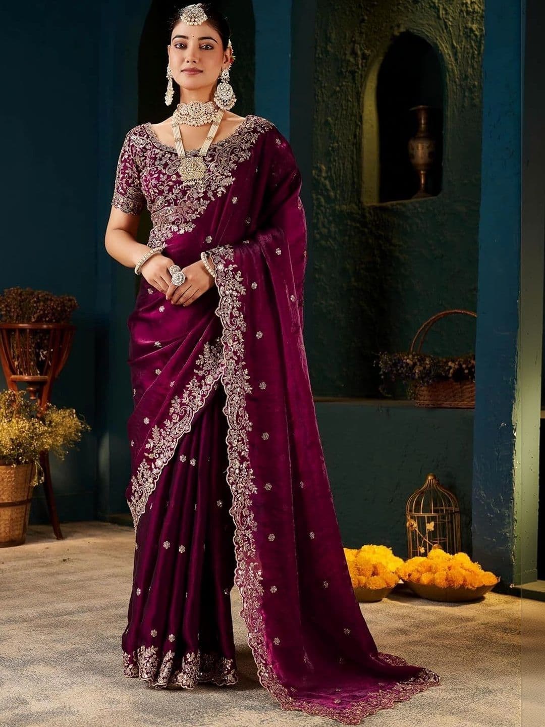 KALINI Embellished Embroidered Silk Blend Heavy Work Saree - view 1
