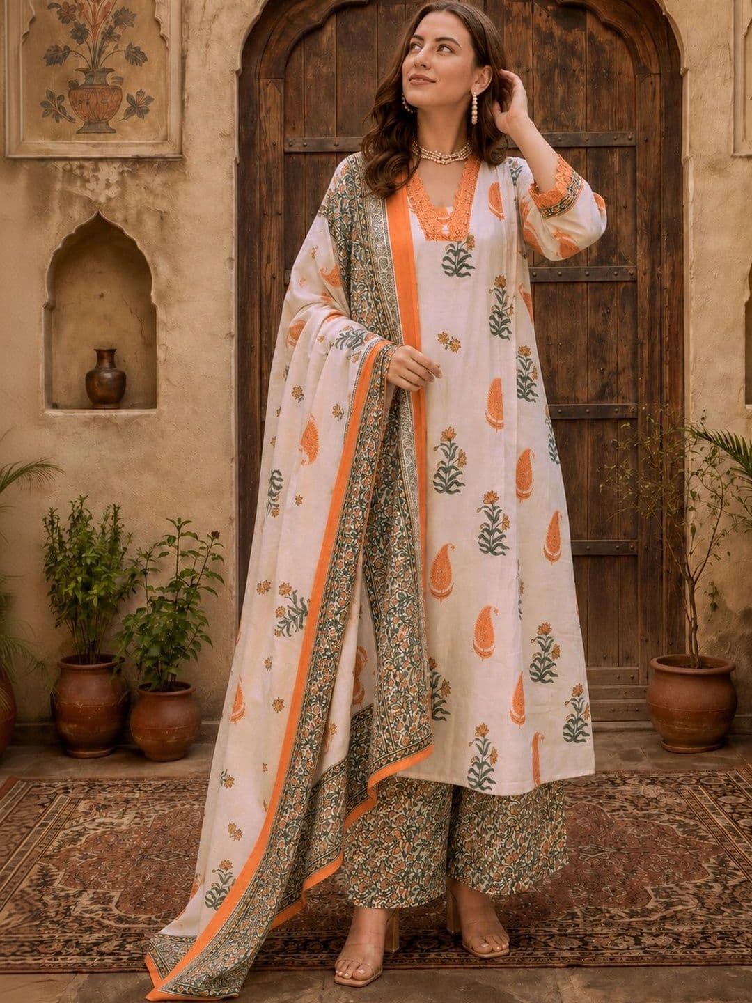 Sangria Women Ethnic Motifs Printed Regular Kurta with Palazzos & With Dupatta thumbnail 5