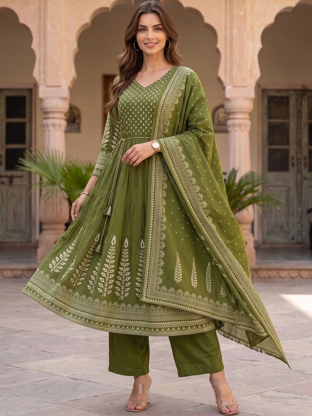 Sangria Women Ethnic Motifs Embroidered Tiered Thread Work Pure Cotton Kurta with Trousers & With Dupatta thumbnail 5