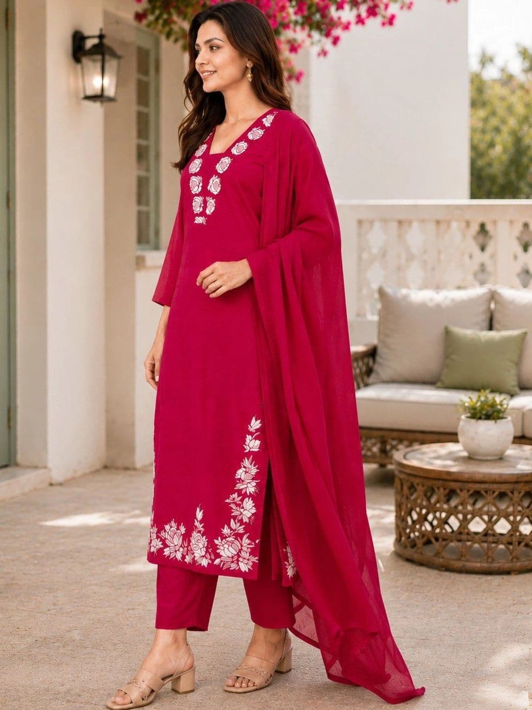 SZN Women Floral Embroidered Regular Thread Work Kurta with Trousers & With Dupatta thumbnail 3