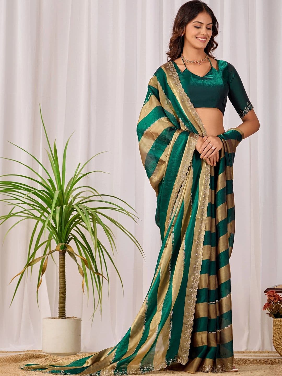 K 5 Fashion Ethnic Motifs Embroidered Satin Fusion Ikat Saree thumbnail 5