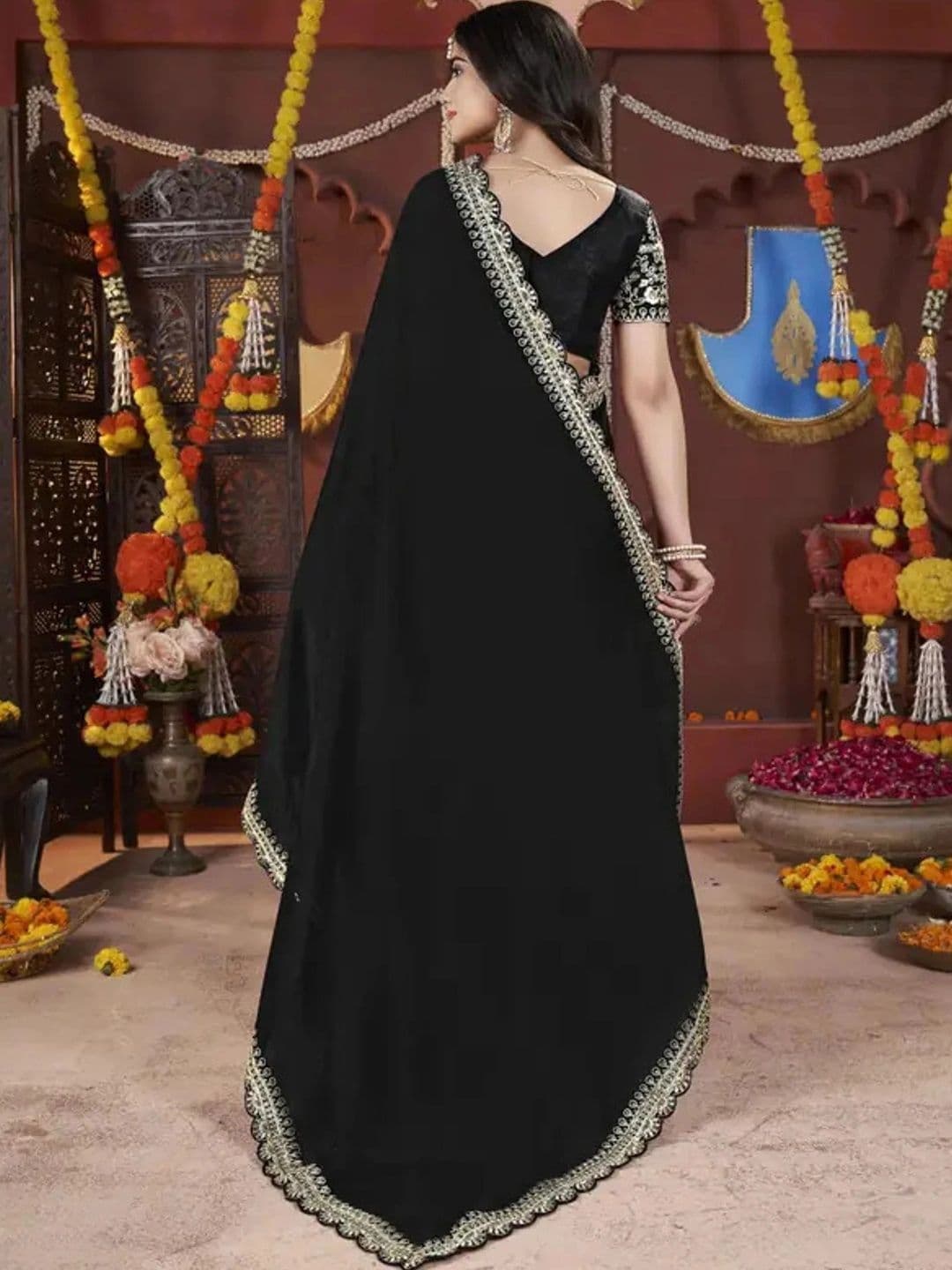 KALINI Floral Embroidered Silk Blend Heavy Work Saree thumbnail 5