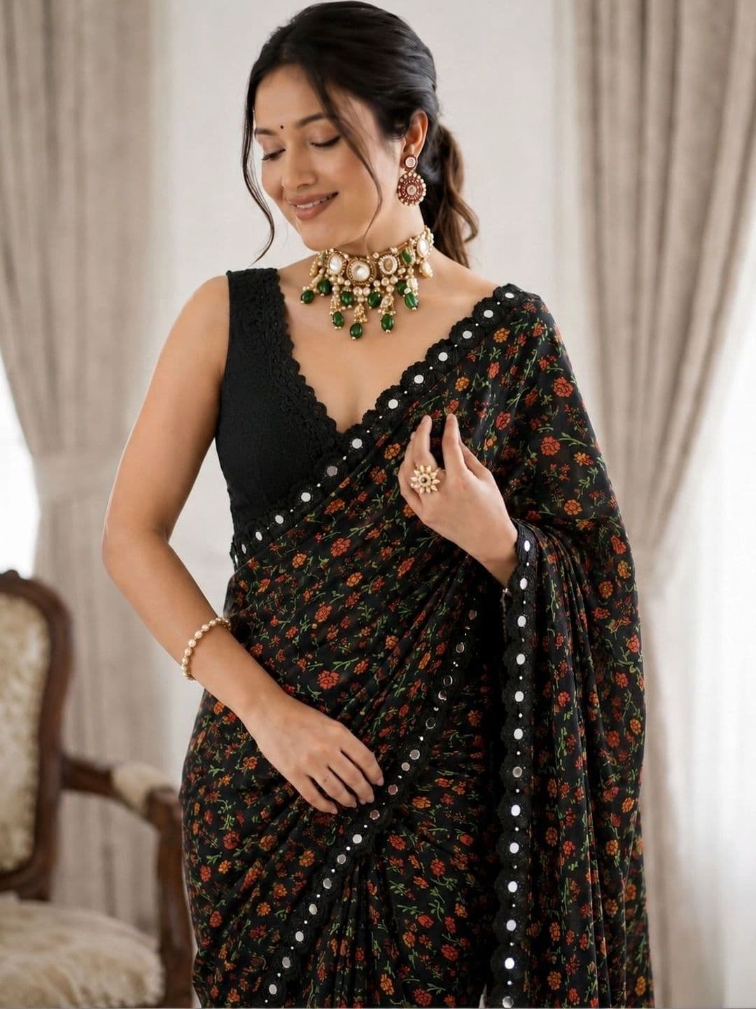 RENBRIZA Floral Mirror Work Poly Georgette Saree thumbnail 4