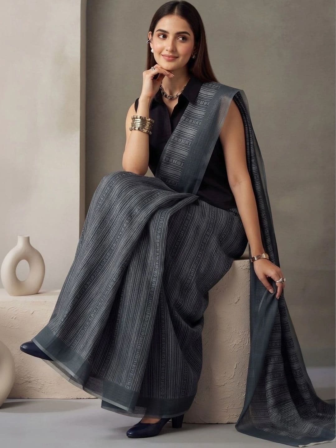 BORAD FASHION Striped Designer Chanderi Saree thumbnail 4