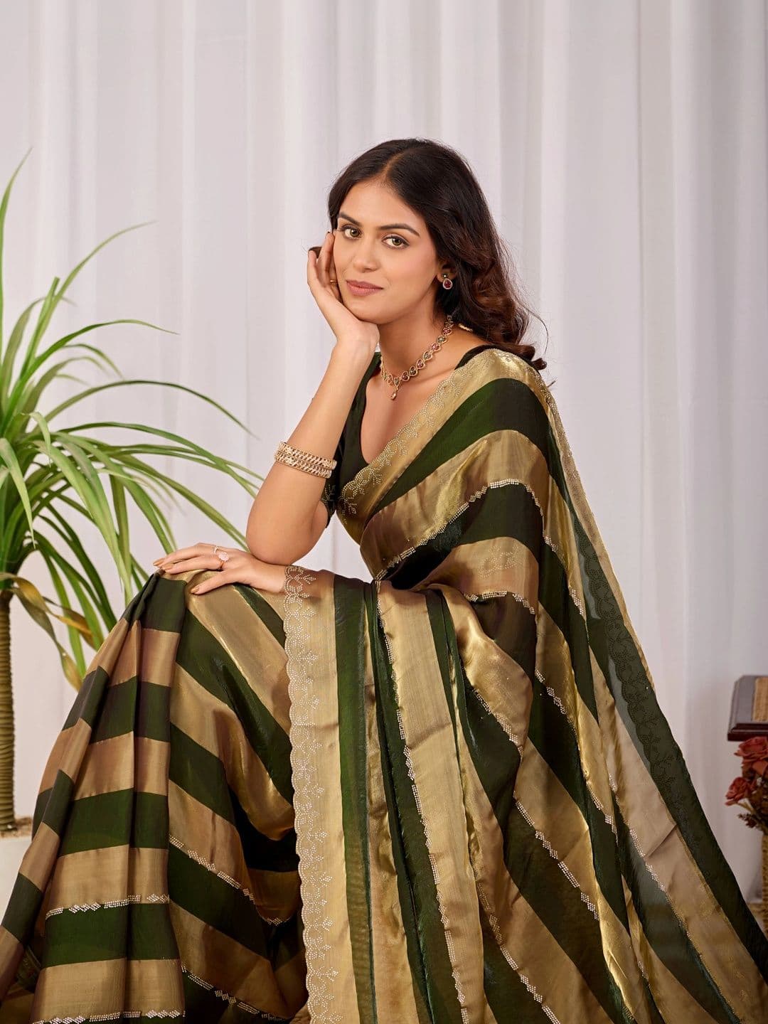 K 5 Fashion Striped Embroidered Satin Fusion Ikat Saree thumbnail 5