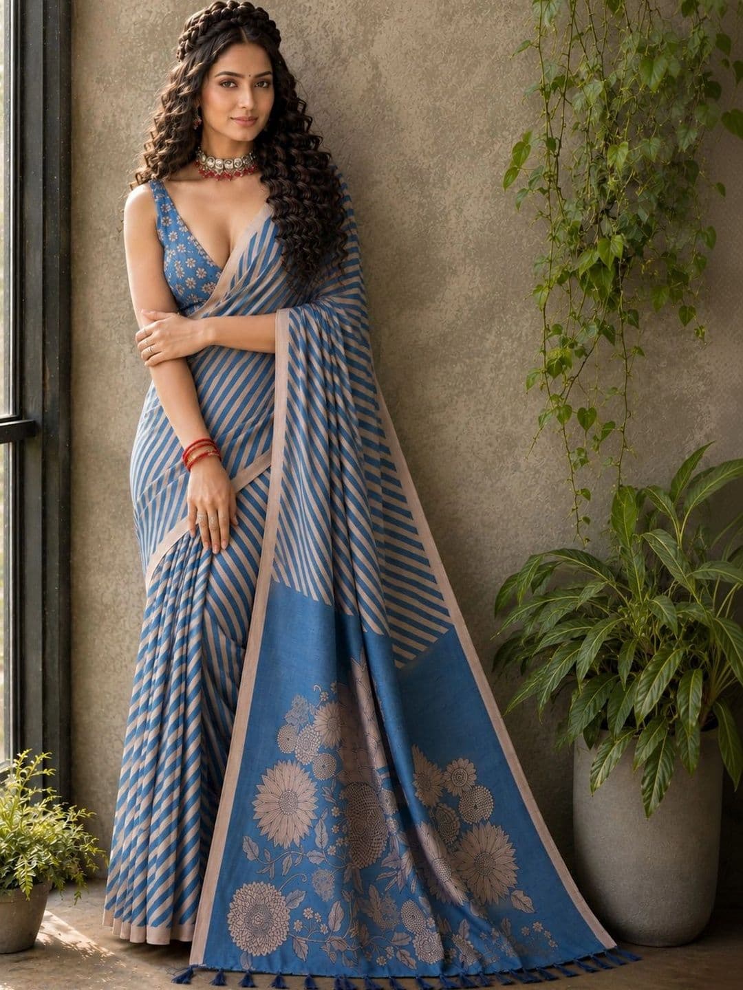 NIWAA Women Floral Silk Blend Leheriya Saree thumbnail 4