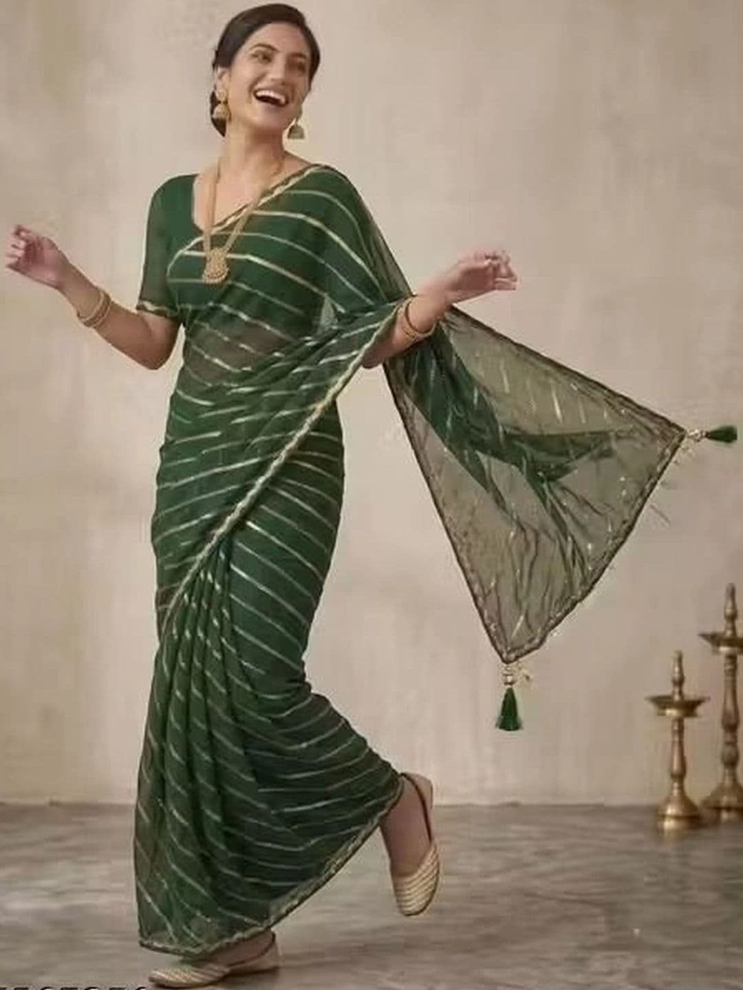 RENBRIZA Striped Zari Poly Georgette Leheriya Saree thumbnail 4