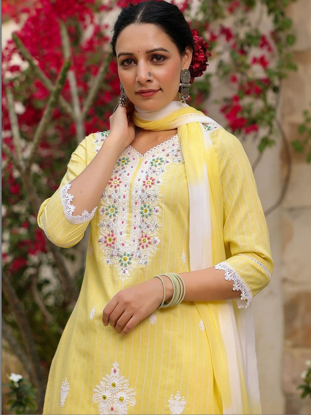 Stylet Women Printed Regular Thread Work Pure Cotton Kurta with Trousers & With Dupatta thumbnail 2