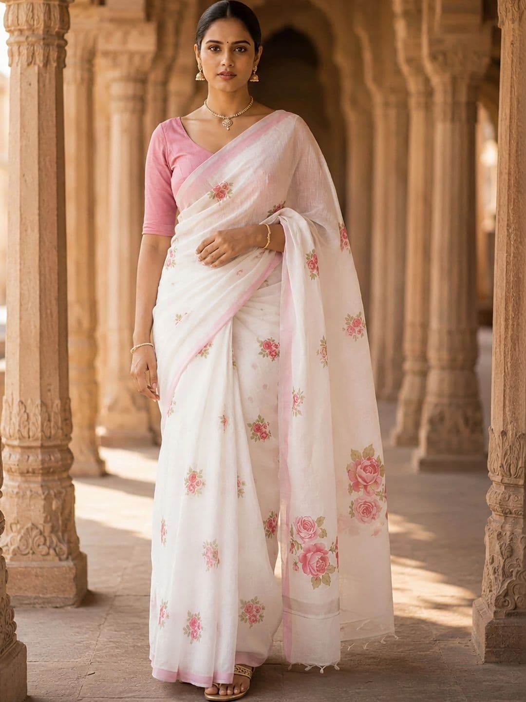 Mitera Floral Linen Blend Designer Block Print Saree - view 1