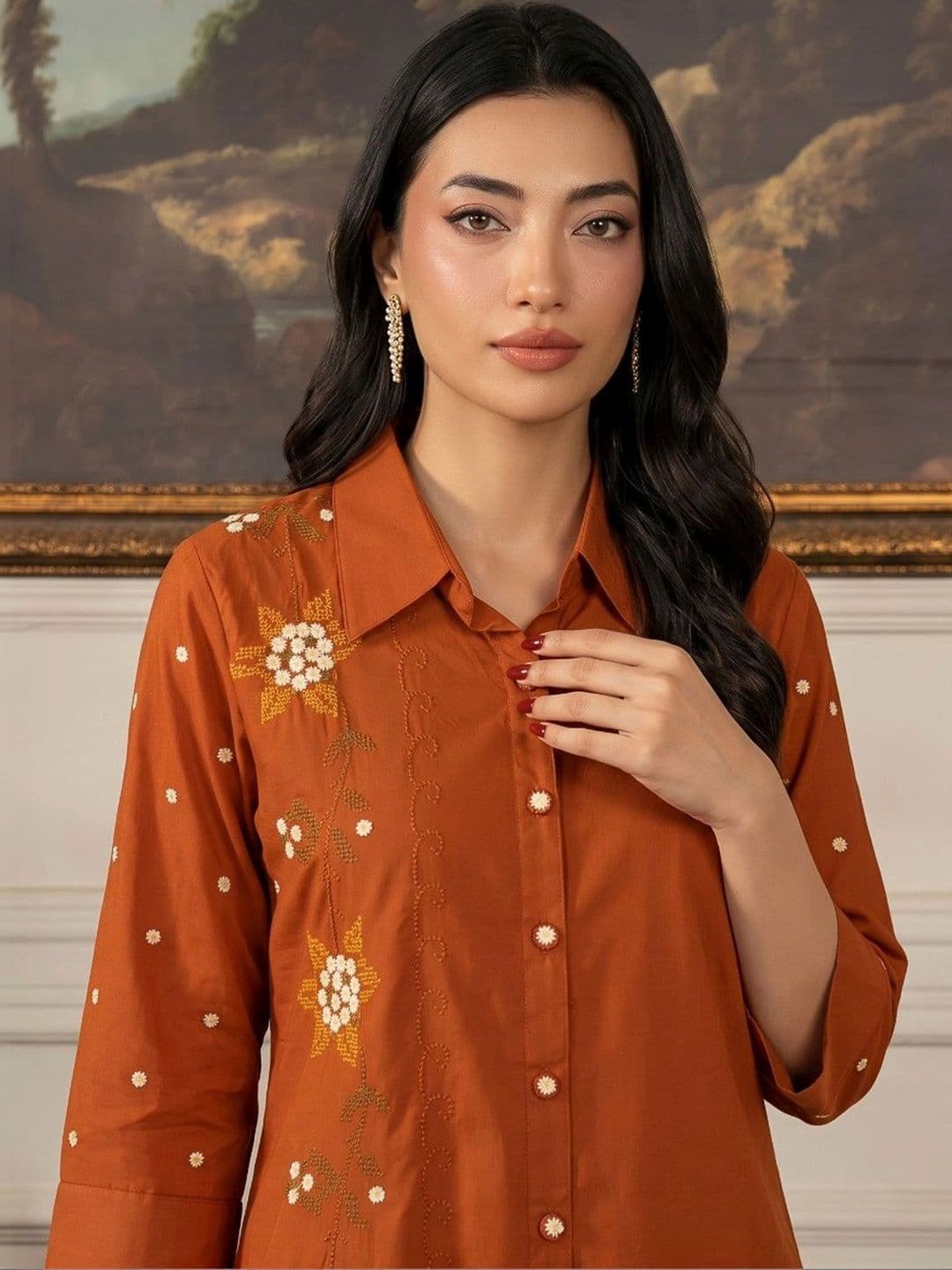 Meena Bazaar Women Floral Embroidered Regular Thread Work Kurti with Palazzos thumbnail 2
