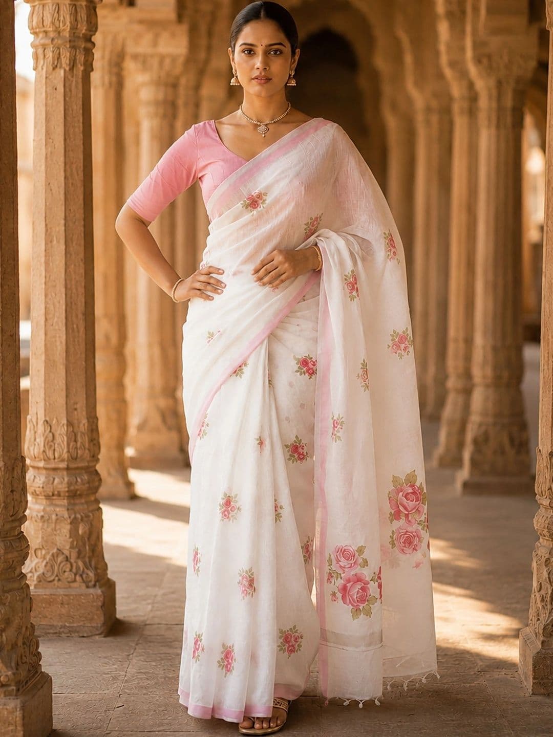 Mitera Floral Linen Blend Designer Block Print Saree thumbnail 5