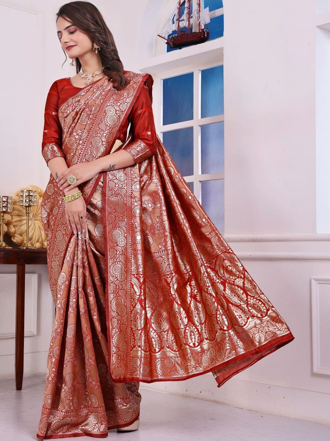revika Woven Design Zari Art Silk Designer Kanjeevaram Saree thumbnail 6