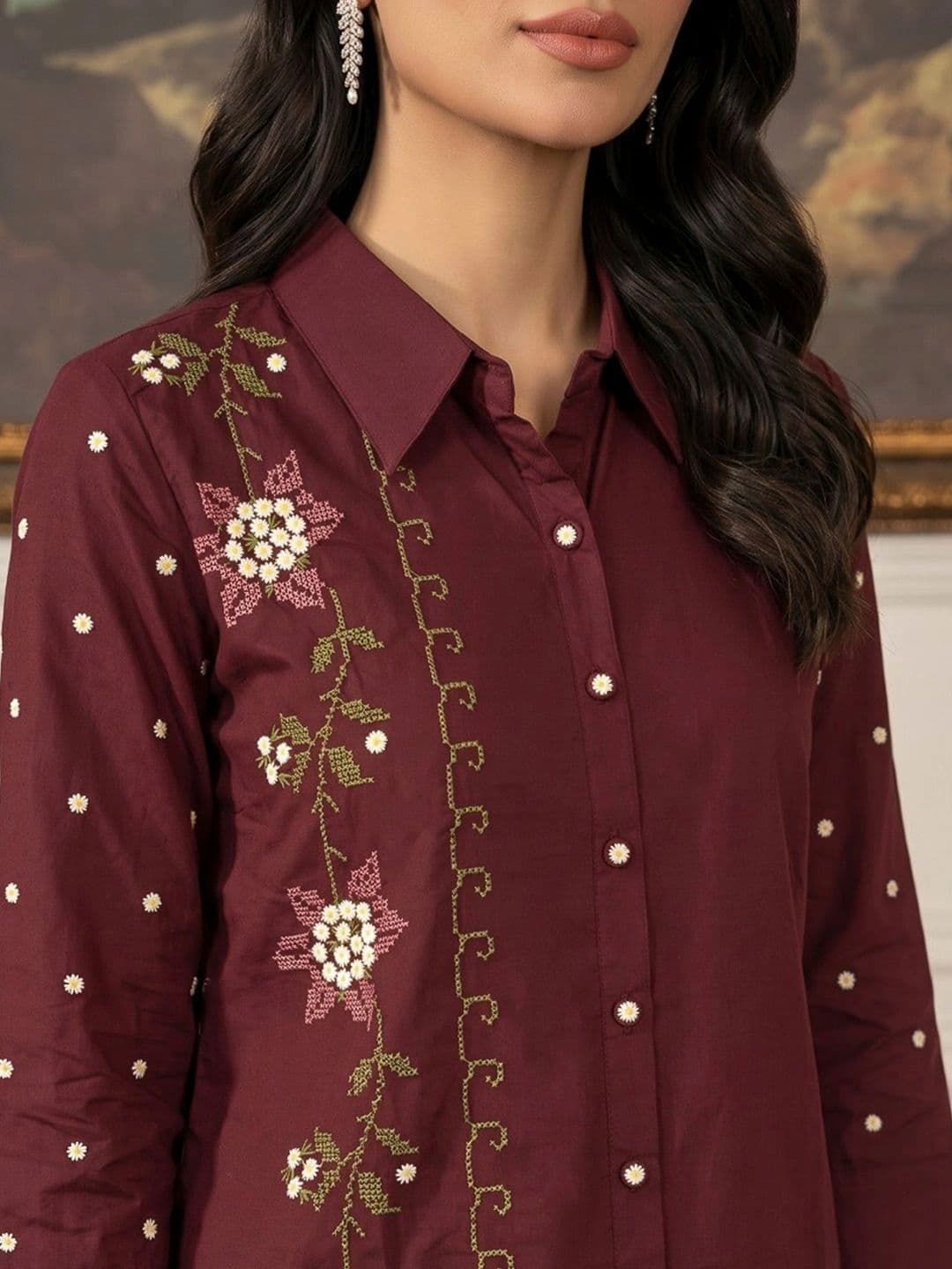 Meena Bazaar Women Floral Embroidered Regular Thread Work Kurta with Palazzos thumbnail 2