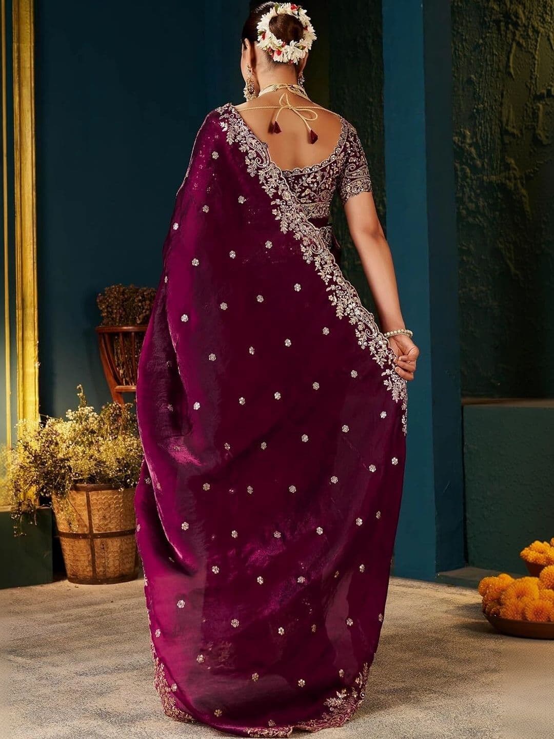 KALINI Embellished Embroidered Silk Blend Heavy Work Saree thumbnail 4