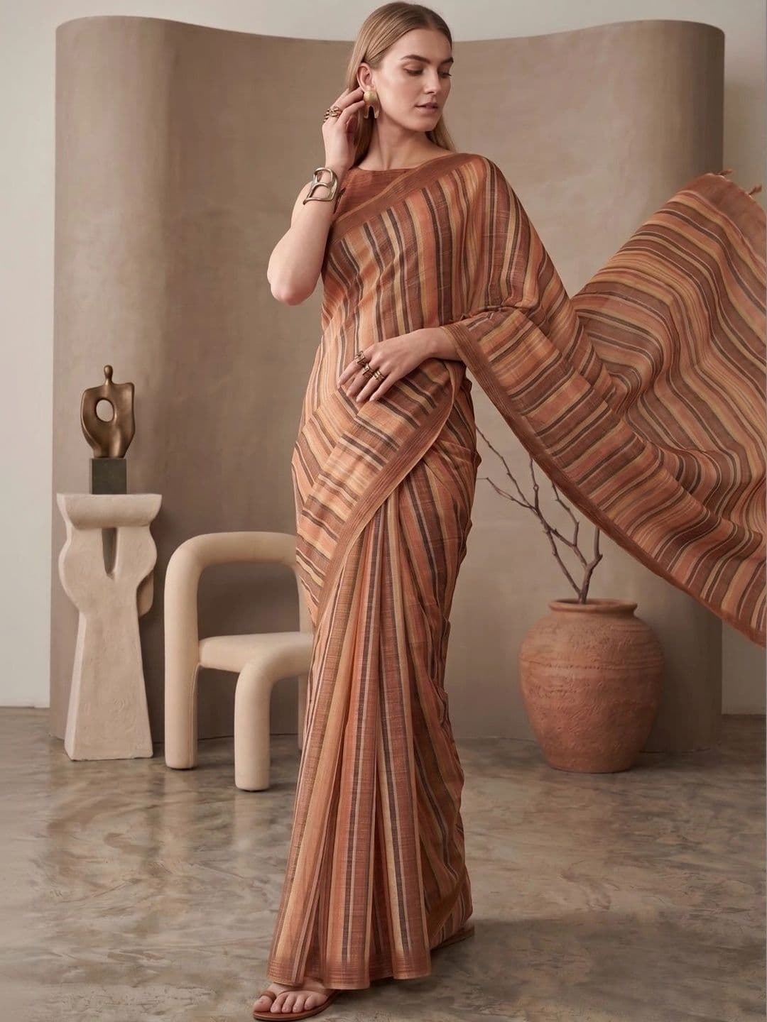 BORAD FASHION Women Striped Designer Chanderi Saree thumbnail 2